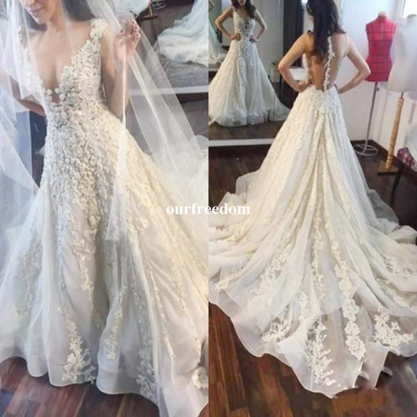 Custom Made V Neck Wedding Dresses 3D Flora Appliques Zipper Illusion Back A Line Bridal Gown Sweep Train