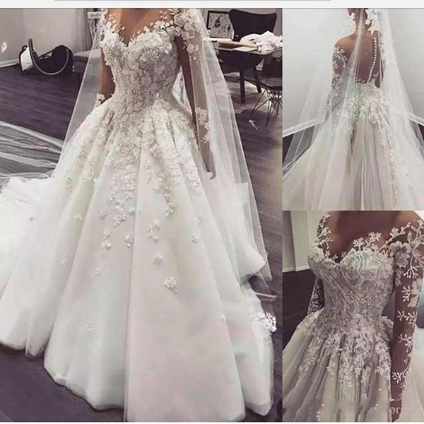 Elegant Sheer Neck Wedding Dresses Long Sleeve Appliques Lace Button Back A Line 3D Flora Appliques Tulle Floor Length Bridal Gown