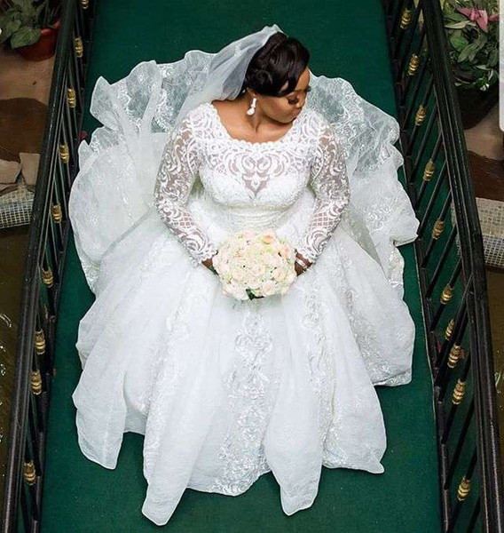 Gorgeous Sheer Jewel Neck A Line Wedding Dresses Long Sleeve Plus Size South Africa Bridal Gown Custom Made