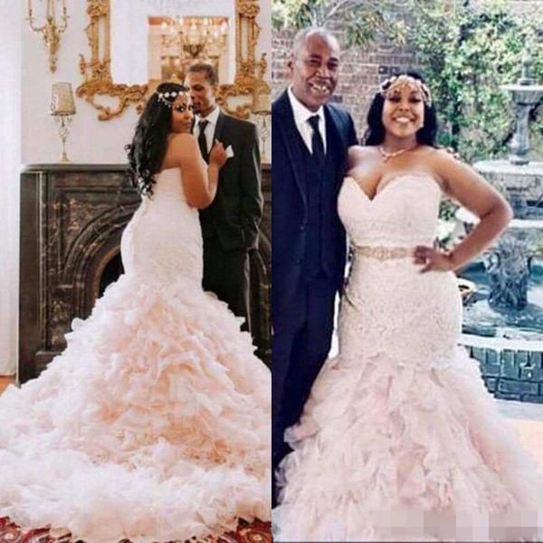 .Plus Size Wedding Dresses With Sash Beads Sequins Sweetheart Ruffles African Mermaid Wedding Dress Back Lace Up Custom Made Bridal Gowns