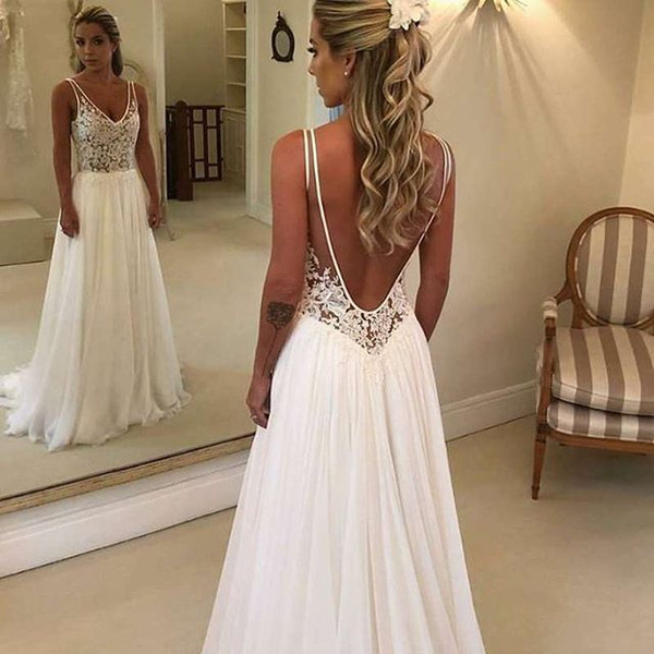 Boho Backless Lace Wedding Dresses Appliques Chiffon V Neck Floor Length Chic Rustic Garden Wedding Dresses Bridal Gowns Custom Made