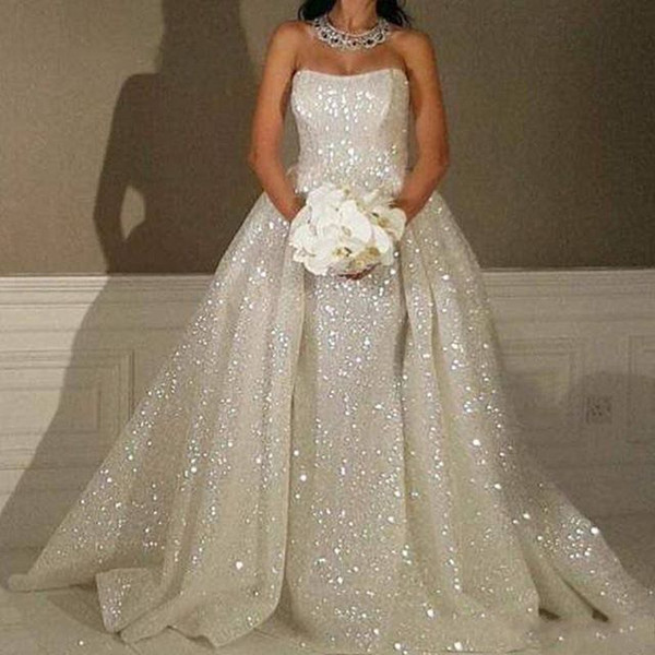 Elegant Sparkly Sequins A Line Wedding Dresses Strapless Sweep Trian Zipper Back Casctle Wedding Dresses Bridal Gown Wedding Dresses