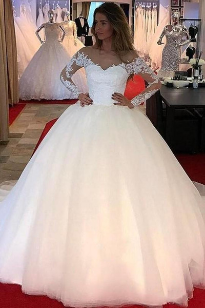 Charming Lace Long Sleeve Wedding Dresses Off The Shoulder A Line Tulle Arabic Dubai Style Bridal Gown Custom Made Hot Sale