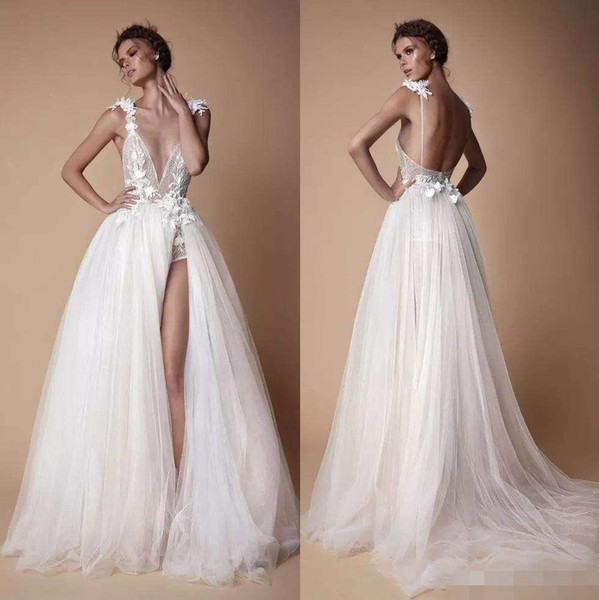 Berta Bohemian Lace Wedding Dresses 3D Appliqued A-Line Deep V-Neck Beach Bridal Gowns Sweep Train Tulle Split Side Wedding Dress