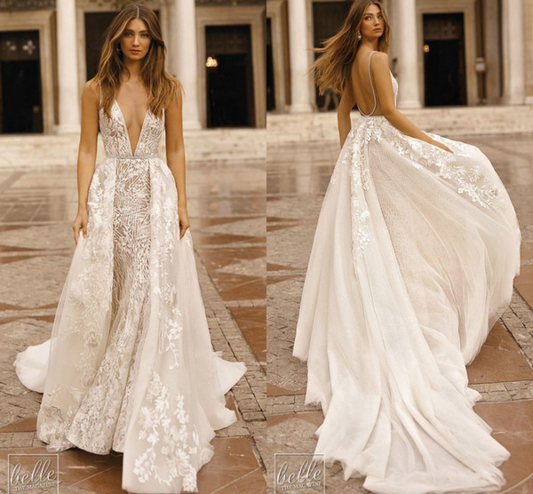 Berta Bohemian Lace Mermaid Wedding Dresses Deep V Neck Backless Detachable Train Beads Appliques Detail Wedding Dresses Bridal Gown