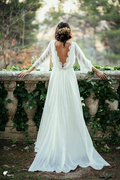 Sexy Ivory Lace 3/4 Long Sleeve Backless Bohemian Wedding Dresses 2016 Summer Court Train Ruched Chiffon Plus Size Beach Bridal Gowns