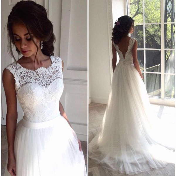 Vestido De Noiva White Lace Appliques Cheap Wedding Dresses A-line Backless Wedding Gowns Beach Wedding Dress