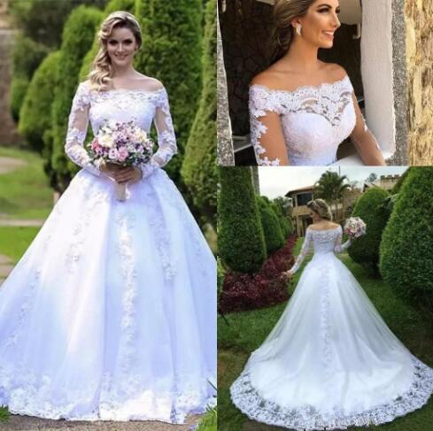 Elegant Long Sleeves sheer A Line Wedding Dresses Bateau full lace Tulle Appliques Beaded Court Train plus size Wedding Bridal Gowns