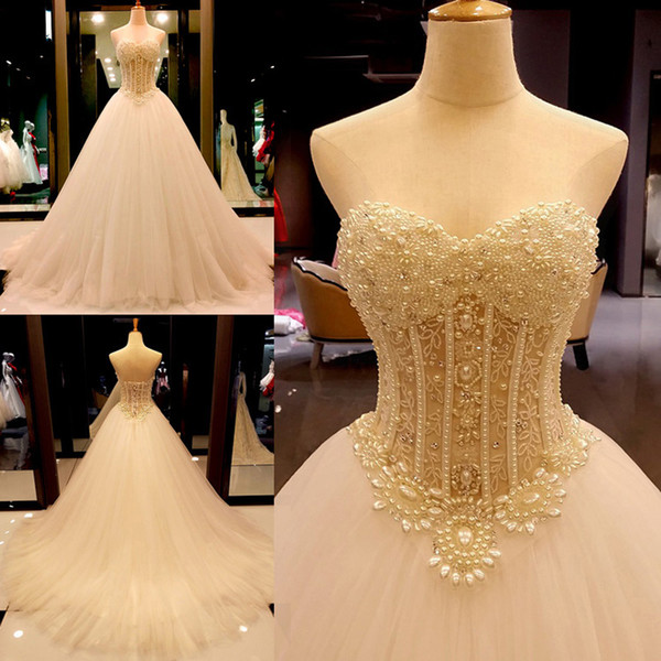 Modest Long A Line Wedding Dresses Elegant Pearls Beaded Sweetheart Sexy Bridal Gowns Luxury Dress