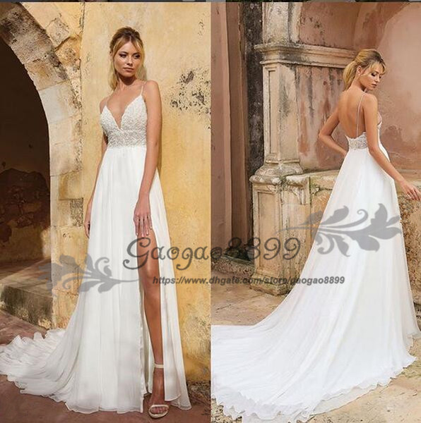 new Modest A-Line Wedding Dresses Bohemian sexy v neck split chiffon Lace Bridal Gowns beaded Country Wedding Dresses abiti da sposa