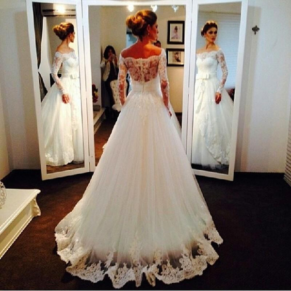 Sexy Fall Winter White 2016 Wedding Dresses A Line Sheer Appliqued Tulle Long Sleeves Illusion Handmade Bridal Gowns