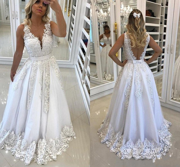 Elegant A-Line Wedding Dresses V Neck Cap Sleeve Sweep Train With Lace Applqiue Pearls Sash Backless Wedding Gowns