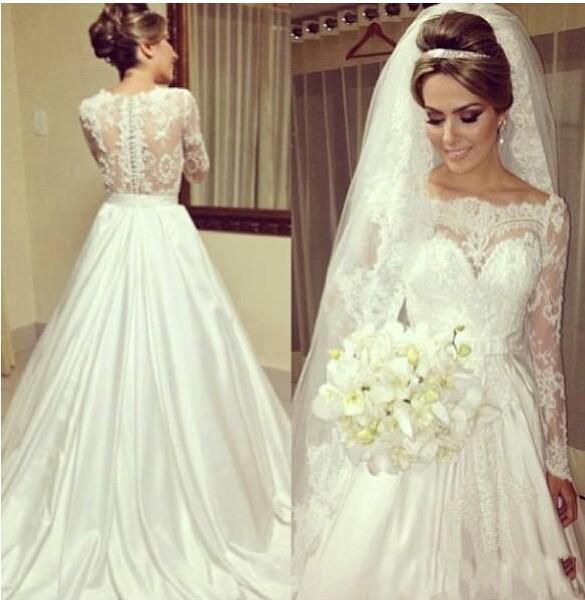 2016 Fall Winter Lace Plus Size Wedding Dresses with Beatu Neckline Long Sleeve Sweep Train Covered Button Bridal Gowns