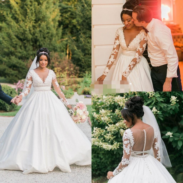 2016 Fall Winter A-Line Plus size Wedding Dresses with Long Sleeves Vintage Bateau Illusion Lace Bodice Chapel Train Bridal Gowns