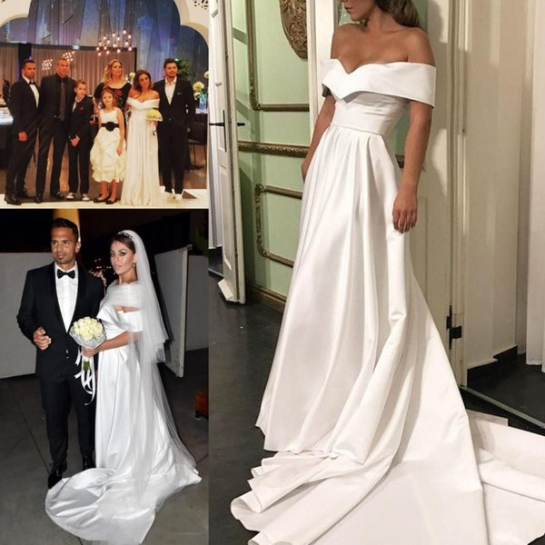 Simple Design A Line Wedding Dresses Off Shoulder Court Train Satin Beach Bridal Gowns Cheap Backless Wedding Vestidos Gowns