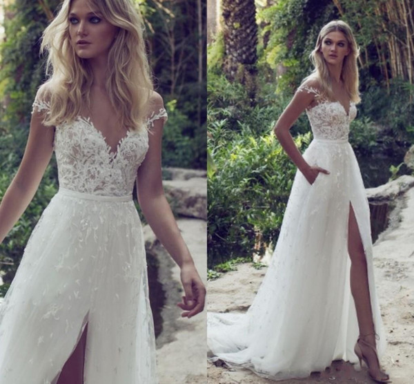 Garden Modern High Quality A Line Wedding Dresses Front Split Backless Sweep Train Lace Illusion Bridal Gowns DTJ