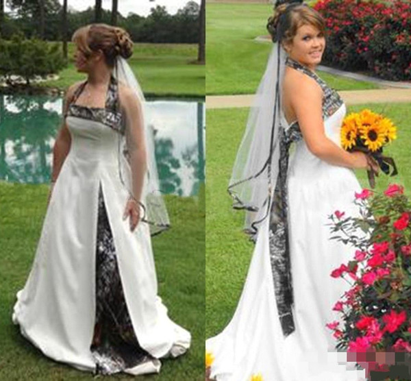 Hot Selling Country Style Camo A Line Wedding Dresses Halter Sweep Train Sleeveless Camouflage Plus Size Bridal Gowns Custom Made