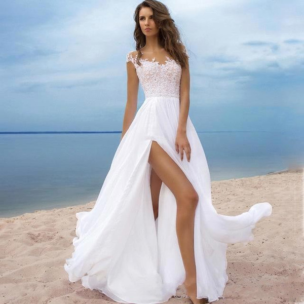 Simple Beach Wedding Dresses A Line Sheer Neck Cap Sleeve High Split with Lace Appliques Sweep Train Lace Chiffon Bridal Gowns DTJ