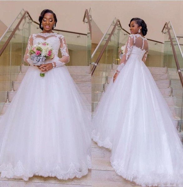 Fall Plus Size Nigerian A Line Wedding Dresses Sheer Neck Long Sleeves Appliqued Bridal Gowns Sweep Train Vestido de Mariage