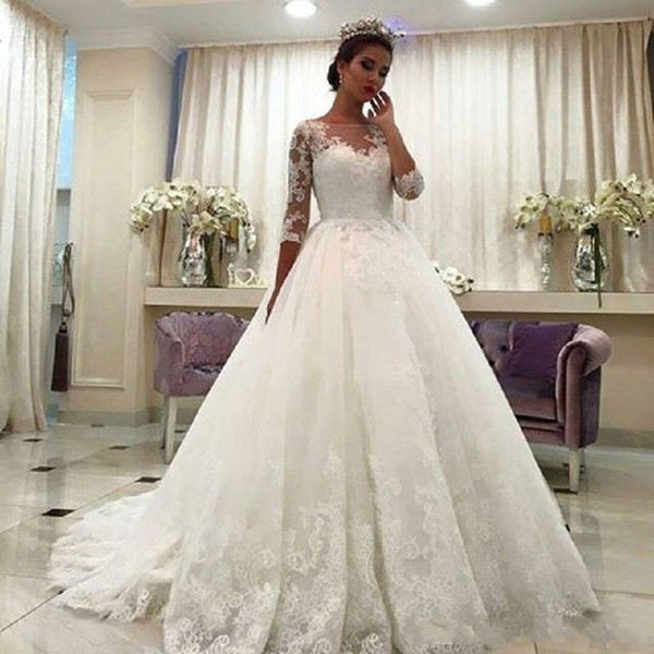 Luxury A Line Wedding Dresses Bateau 3 4 Sleeves Lace Up Back Sweep Train with Lace Appliques Vintage Modest Gowns DTJ