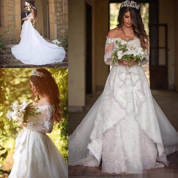 Plus Size Full Lace Wedding Dresses with Detachable Train Off the shoulders Long Sleeve Button Back Wedding Gowns Robe De Mariage