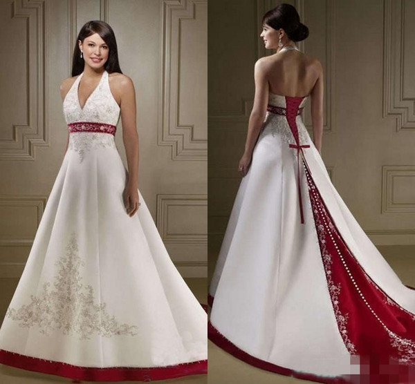 Hot Selling Elegant White And Red Wedding Dresses Halter Neck Embroidery Chapel Train Corset Custom Made Bridal Wedding Gowns