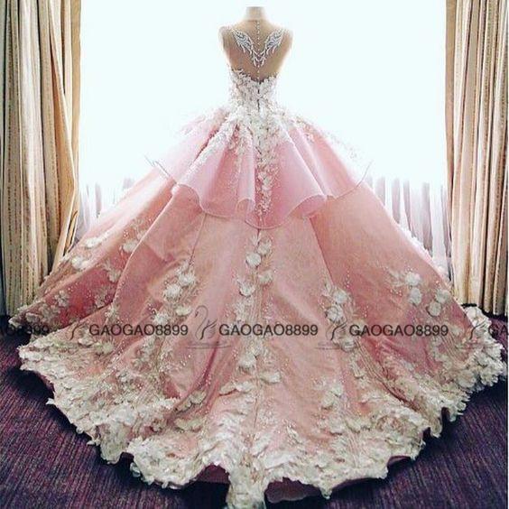 New Luxury 3D Floral Cathedral Train Garden Wedding Dresses Pink Baby Blue Sheer Neck Peplum Handmade Flower Arabic Wedding Gowns