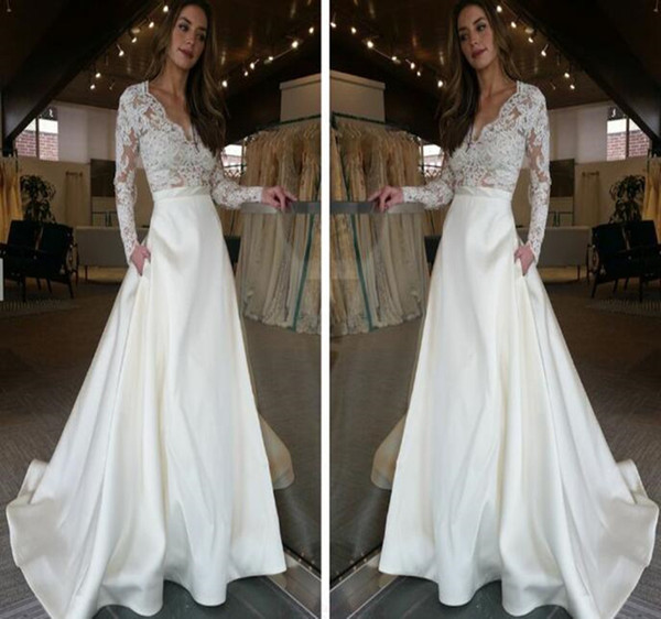 Long Sleeve Wedding Dresses A Line Sheer Neckline v neck Lace and Satin Bridal Wedding Gowns custom made cheap robe de mariee