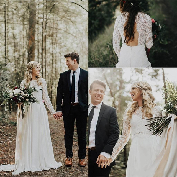 Vintage Country Style Spring Wedding Dresses Bridal Gowns Chiffon Garden Bohemian Illusion Lace Backless Long Sleeves Bridal Gowns