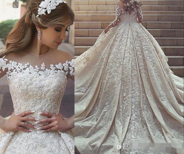 Saudi Arabic Luxurious A line Wedding Dresses Jewel Long Sleeve Full Lace Appliques Chapel Train heer Neckline Wedding Gown DTJ