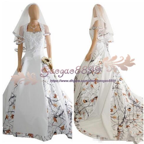 real picture White Camo Satin Wedding Dress Custom Lace Appliques Bridal Gowns Lace Up Back With Veil Custom Long Camouflage cheap