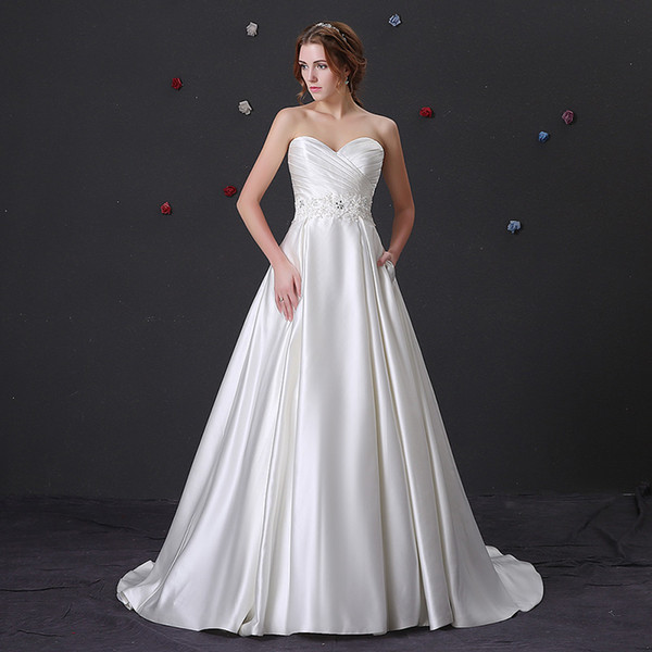 Real designer Modern Wedding Dresses with Pockets Cheap sweetheart garden country satin Wedding Bridal Gowns covered buttons