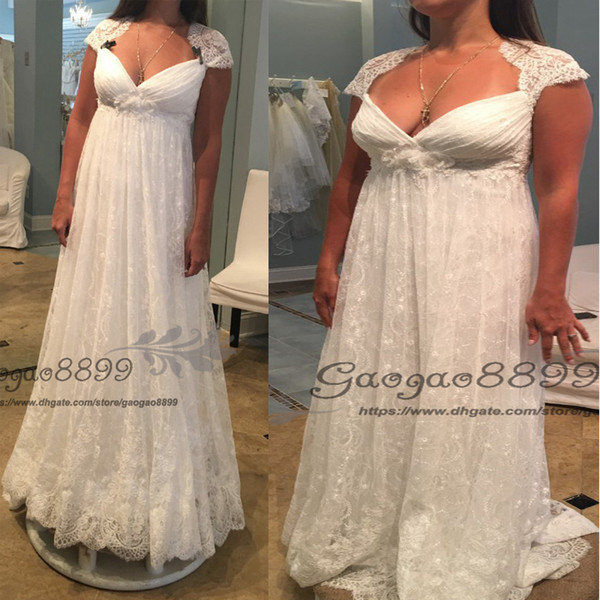 Vintage lace backless empire Beach Wedding Dresses cape sleeves hollow backless maternity country bridal Wedding Gowns for pregnant women