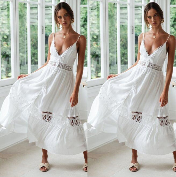 Boho Wedding Dresses Elegant A-Line Bohemian Bridal Gowns with spaghetti V Neck Skirt Hollow Bride Royal Bridal Gowns cheap in stock