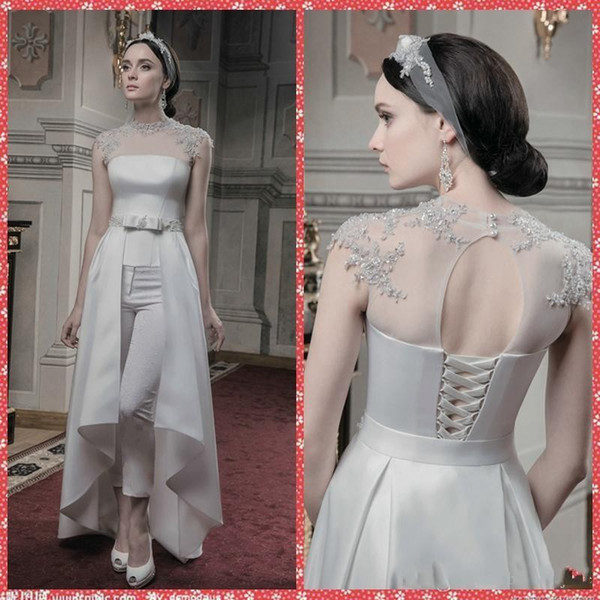 A Line Wedding Dresses with Detachable Train Clean and Modern Tulle High Collar Beaded Wedding Pants Keyhole Lace Up