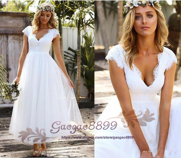 Vintage 1950s' Tea Length Short Wedding Dresses Lace Tulle Modest Cap Sleeve V-neck Bohemian Beach Garden Bridal Gowns vestido de novia