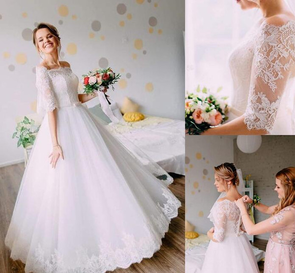 Princess off shoulder Wedding Dresses White lace Appliques Satin Inside Elegant country garden Bride Gowns Plus Size robe de mariée