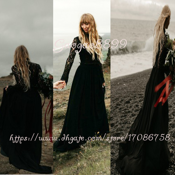 Vintage Lace two pieces Gothic black hippie Wedding Dress long sleeve high neck chiffon boho garden beach Bridal Gowns detachable train