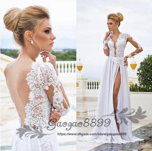 Sexy Beach Wedding Dresses Sheer Lace Appliqued Long Sleeves Sheath V Neck Backless Split Chiffon Bridal Gowns cheap boho bridal gowns