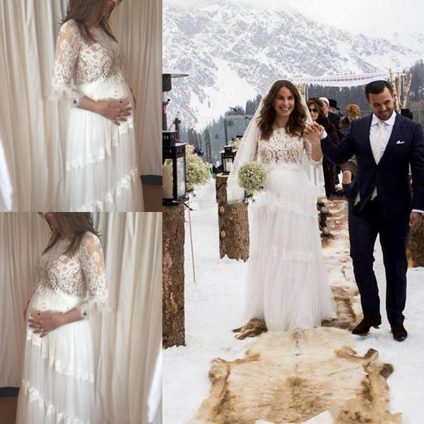 Pregnant Women Maternity Wedding Dresses sheer Lace 3/4 Long Sleeves empire wedding Bridal Gowns Summer Tulle A Line Plus Size Dress