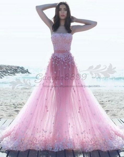 Pink Saudi summer boho Wedding Dresses with Flowers Princess two pieces Wedding Ball Gowns Tulle Appliques Bridal Gowns robes de soirée