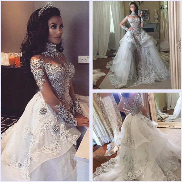 Luxury A Line Wedding Dresses Beaded High Neck With Detachable Appliques Layered Train Long Sleeves Crystal See Through Bodice DTJ