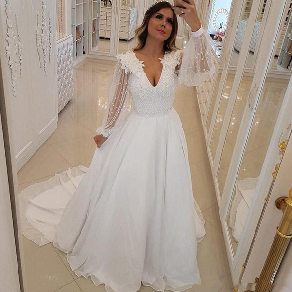 Unique Design A Line Wedding Dresses Pearls Beaded V Neck Bridal Gowns With Long Sheer long Sleeves Sweep Train Arabic Wedding Vestidos 