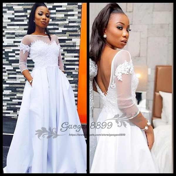 Cheap african Nigerian A-line lace Wedding Dresses with pocket Sheer 3/4 long Sleeves floor length backless plus size Wedding Bridal Gowns