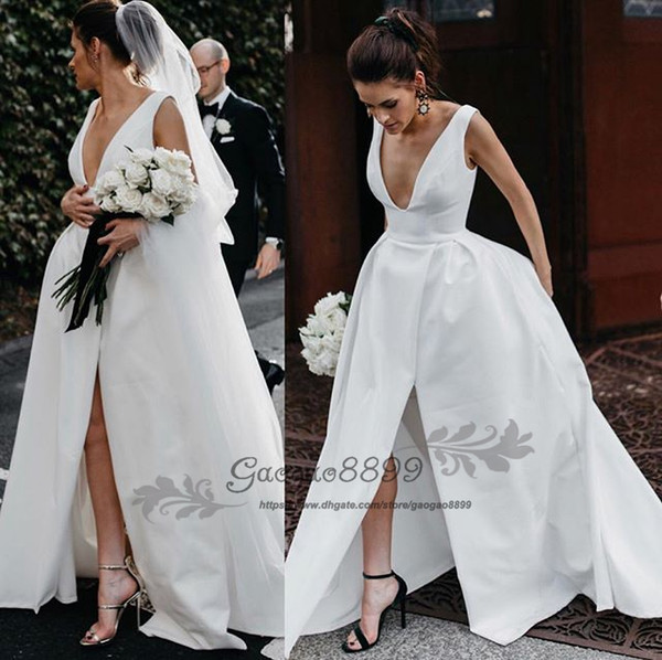 Sexy matte satin Wedding Dresses with Pocket Design Modern open neck A line split Princess country garden Church Wedding Gown