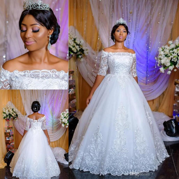 african Nigerian A-line lace Wedding Dresses Sheer Neck Half Sleeves Backless floor length Lace Up Back plus size Wedding Bridal Gowns