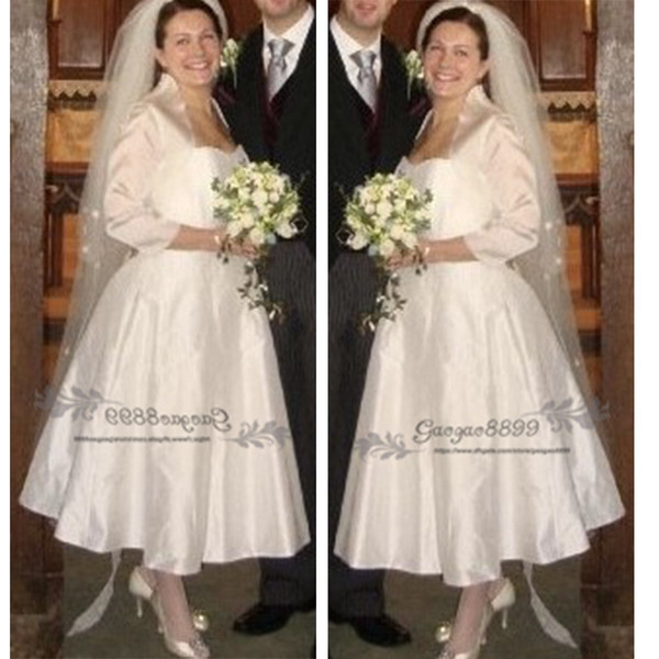 Simple satin tea length short hippie Wedding Dresses with jacket modest sweetheart Cheap Garden plus size Bridal Gowns