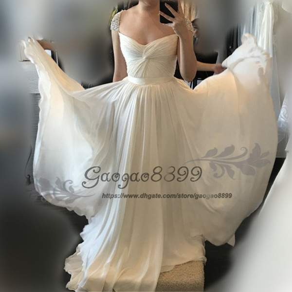 Modest chiffon Country beach Wedding Dresses sweetheart beaded crystals cape sleeves criss cross pleats boho Bridal wedding Gowns