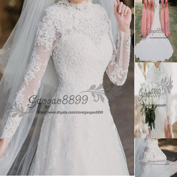 New desinger long sleeves A line wedding dresses elegant high neck arabic lace appliques beaded country bridal dresses wedding gowns