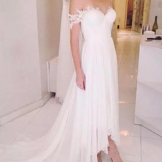 Real Modest High Low Country beach Wedding Dresses off shoulder Sweetheart chiffon corset Fitted Hi-lo White short Bride Bridal Gowns